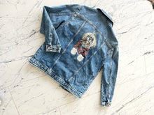 Load image into Gallery viewer, Custom gift, hand-painted portrait of your beloved pet friend on a denim jacket