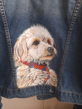 Load image into Gallery viewer, Custom gift, hand-painted portrait of your beloved pet friend on a denim jacket