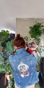 Custom gift, hand-painted portrait of your beloved pet friend on a denim jacket