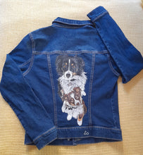 Load image into Gallery viewer, Custom gift, hand-painted portrait of your beloved pet friend on a denim jacket
