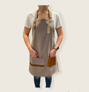 Beige Apron with Genuine Leather Straps and Pockets - ISTANBUL 08