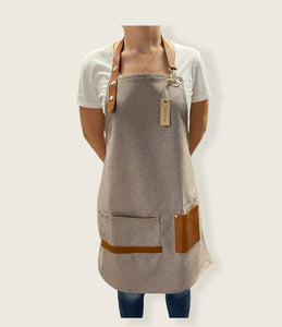 Beige Apron with Genuine Leather Straps and Pockets - ISTANBUL 08
